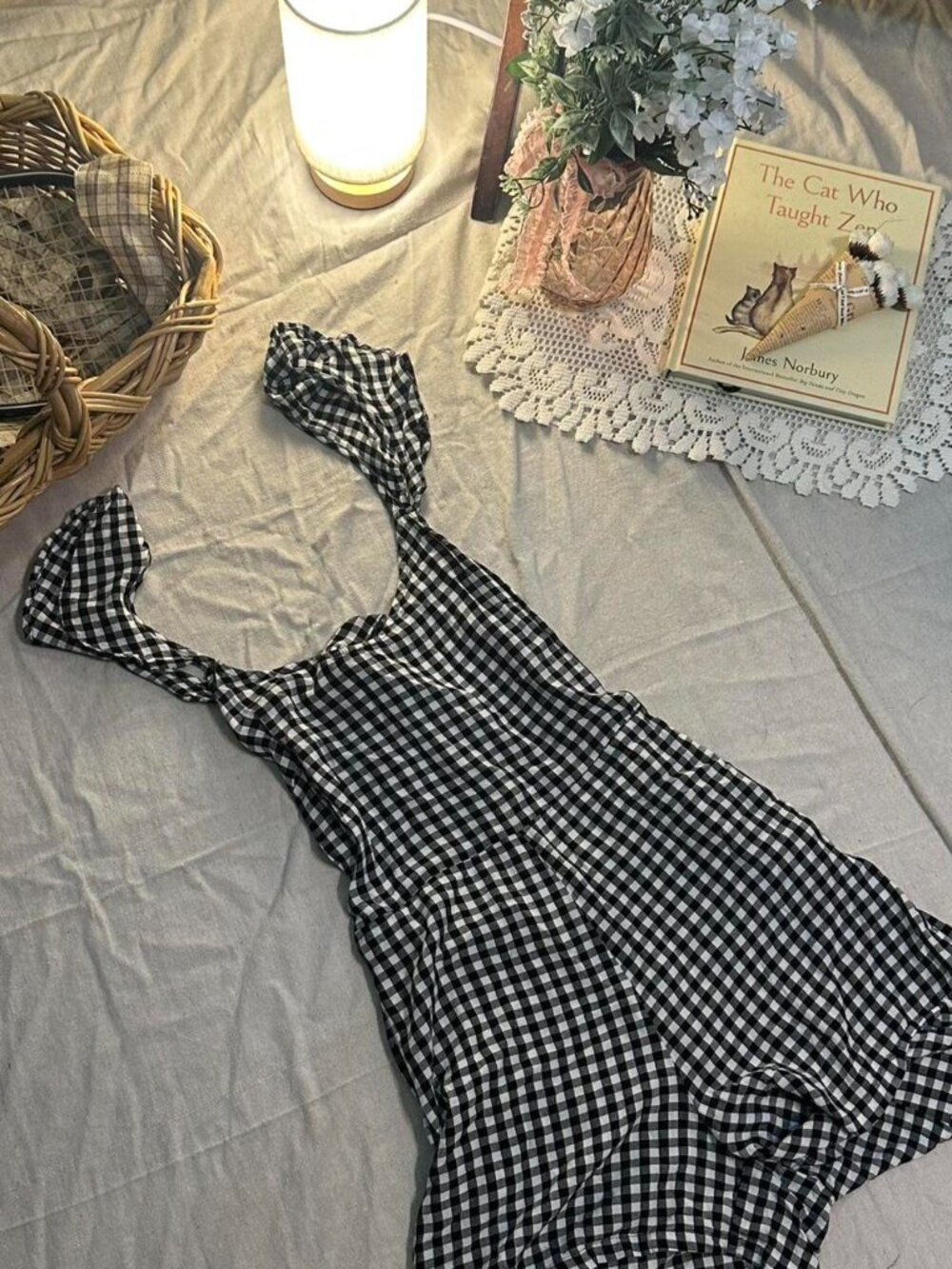 Collection Pimkie Black & White Gingham Romper | Back Tie Ruffle Strap